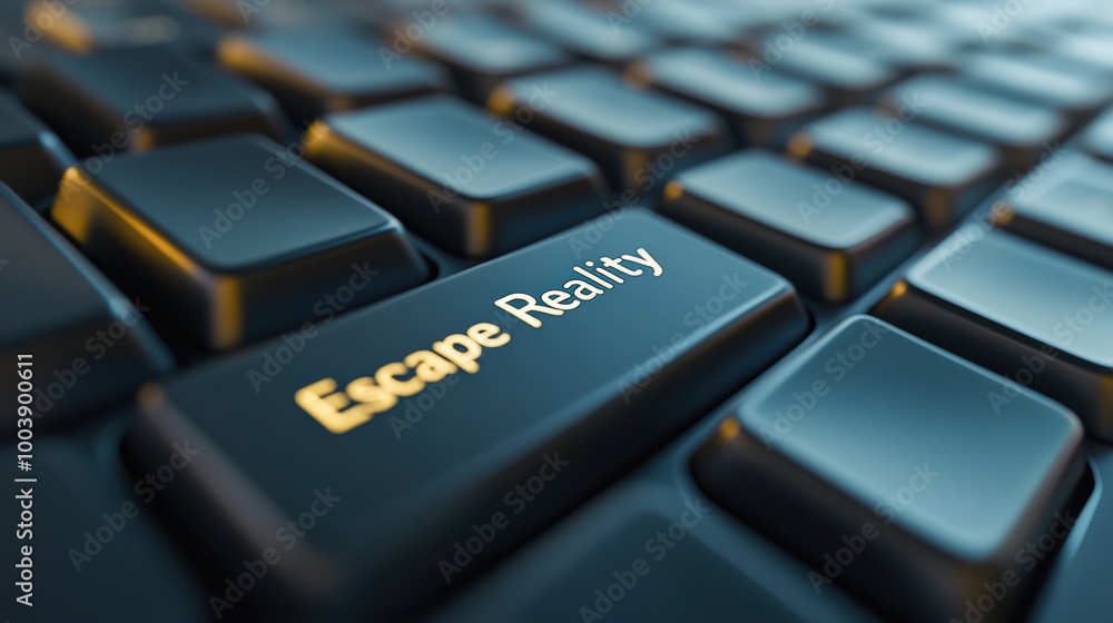 Poster a close up of a keyboard with the text escape reality on it, ai