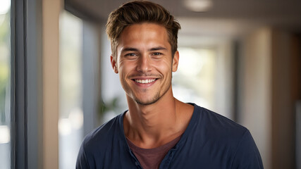 カジュアルな服装で立つ若い男性が見せる自然な笑顔とリラックスした雰囲気。生成AI