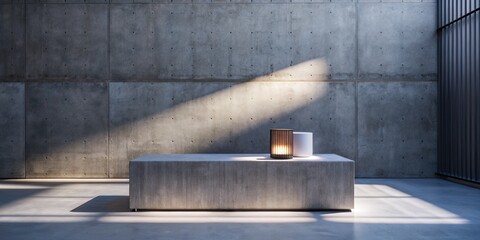 Concrete bench with a candle casting dramatic shadows.