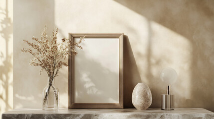 Elegant frame mock-up set on a marble side table, with contemporary decor, 3D render.
