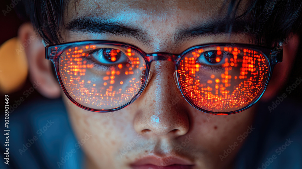 Poster a young person gazes intently through glowing glasses that display colorful digital patterns in a da