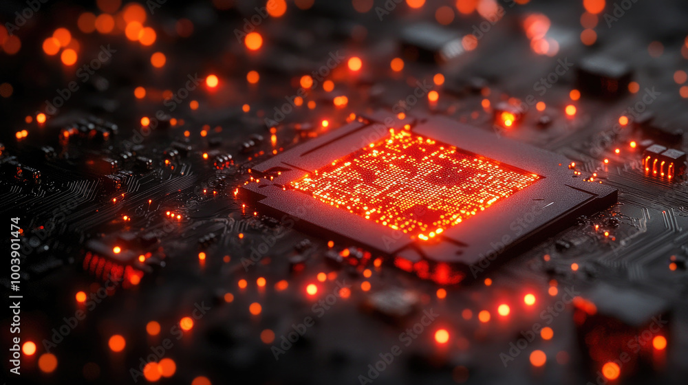 Poster a luminous microchip emits vibrant red lights, highlighting complex circuitry against a shadowy back