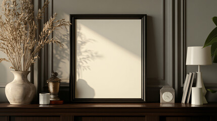 Elegant frame mock-up set on a dark wood shelf, surrounded by classic decor, 3D render.