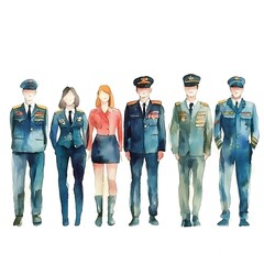 Watercolor illustration of a group of people in military uniforms.