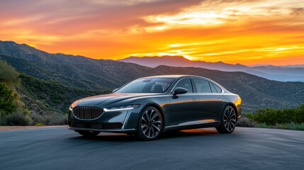 Fototapeta premium Luxury Car at Sunset on Scenic Mountain Road