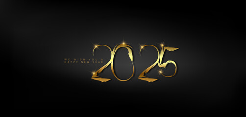 Happy New Year 2025 in shimmering gold on a dark black background, representing a festive and hopeful start to the year