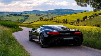 Sleek Black Sports Car on a Scenic Country Road