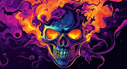 
A cartoon skull with flames and smoke

