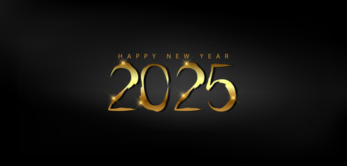 Happy New Year 2025 in shimmering gold on a dark black background, representing a festive and hopeful start to the year