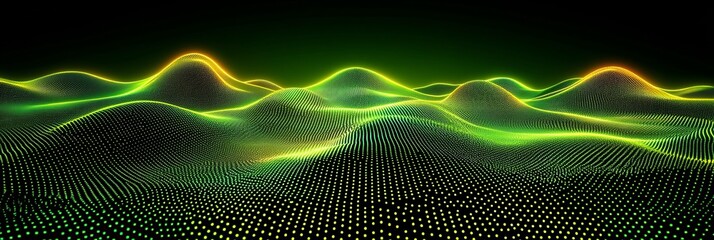 Abstract Green and Yellow Wavy Particle Surface on Black Background. Digital Data Visualization.