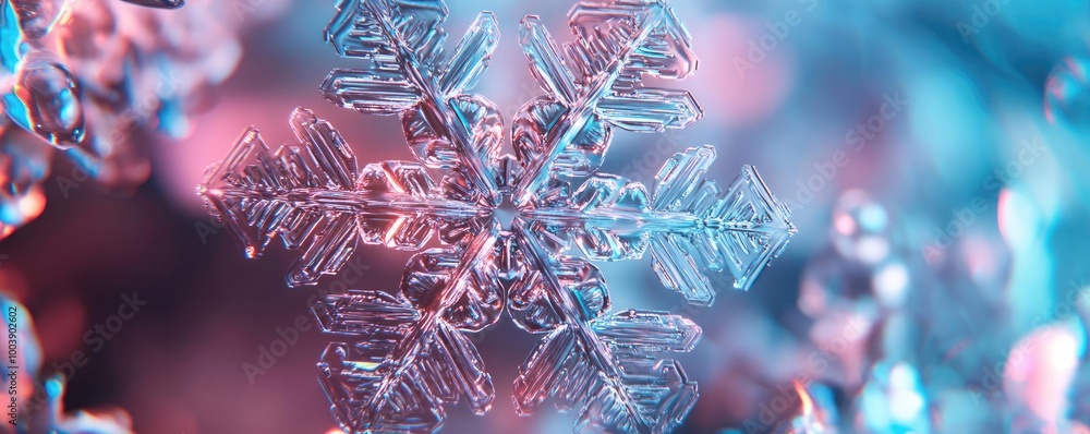 Poster stunning close-up of a snowflake showcasing intricate patterns and delicate details against a vibran