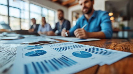 The team collaborates on business strategies, reviewing colorful charts and graphs at a wooden table filled with documents in a bright room