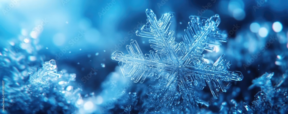 Poster a close-up view of a delicate snowflake on a bed of shimmering ice, showcasing intricate patterns an