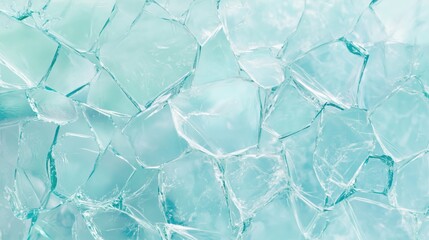 Fototapeta premium Broken glass texture background with sharp shards catches the light, imitation cracked ice layer. Glass shards texture blue turquoise color realistic shards and cracks