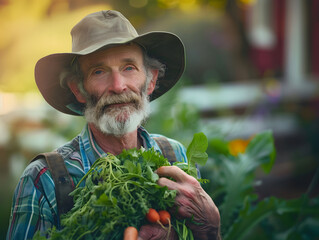 Intimate soft focus portrait of farmer holding fresh vegetables, showcasing warm smile and connection to nature. vibrant greens and earthy tones evoke sense of tranquility and fulfillment