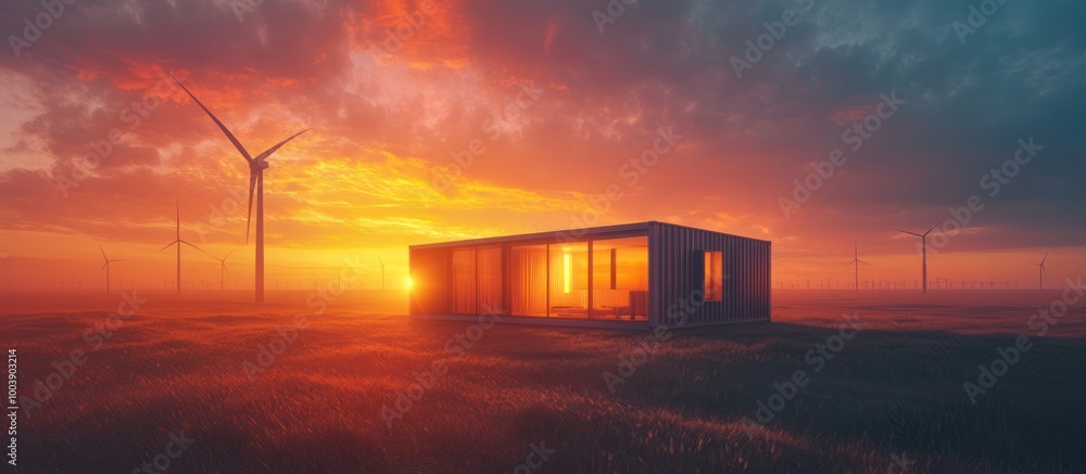 Poster a modern home with large windows sits in a field at sunset with wind turbines in the background.