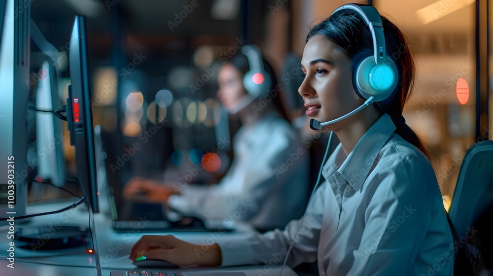 Poster customer service representative using ai powered chatbots to assist multiple clients simultaneously