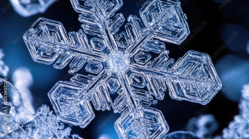 Poster a detailed close-up of a snowflake showcasing its unique crystalline structure and intricate pattern