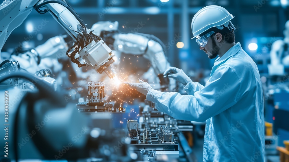 Poster a technician works on an assembly line while collaborating with a robotic arm in a modern manufactur