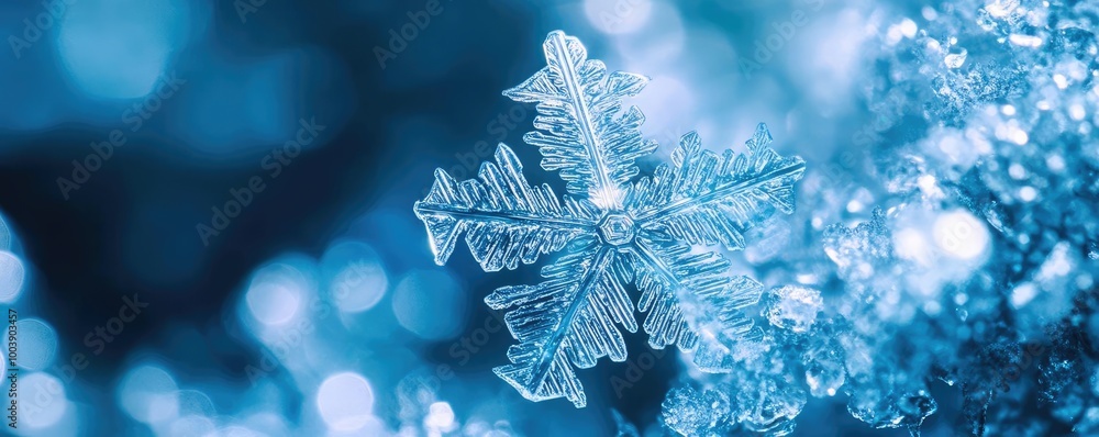 Poster close-up of a delicate snowflake against a shimmering blue background, showcasing intricate patterns