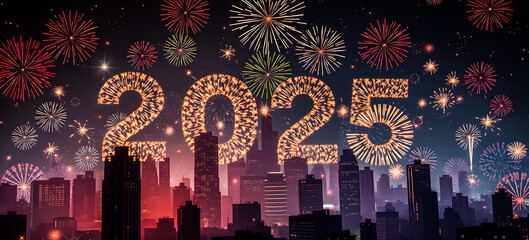 Happy New Year 2025. New Year's Eve Party background banner greeting card illustration with text. Golden fireworks in the night sky, cityscape buildings. 2025 neon glowing text. AI generated