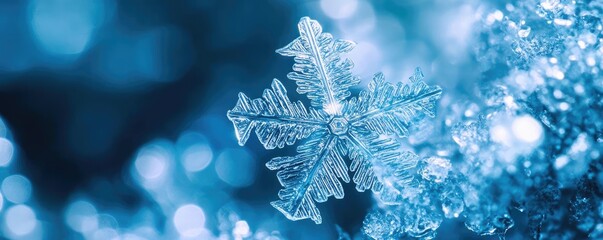 Close-up of a delicate snowflake against a shimmering blue background, showcasing intricate patterns and winter beauty.