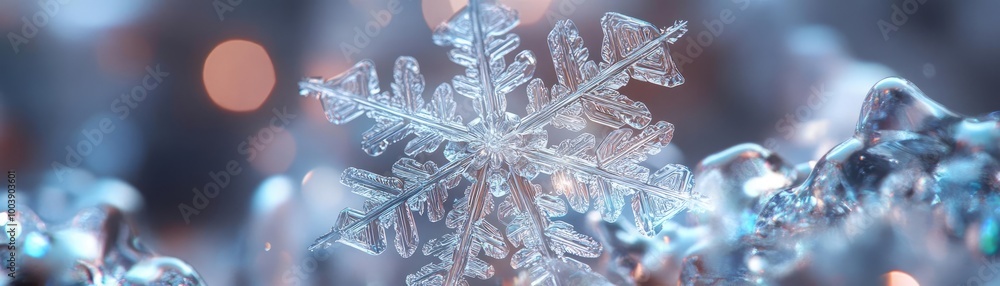 Poster a close-up view of a delicate snowflake resting on ice, showcasing intricate details and a shimmerin