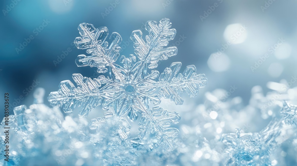 Poster beautiful close-up of a snowflake resting on soft snow, capturing intricate details and a cool blue 