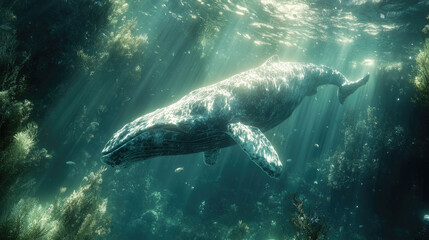 Fototapeta premium A humpback whale glides effortlessly beneath the sparkling surface of a tranquil ocean, illuminated by sunlight and surrounded by marine vegetation
