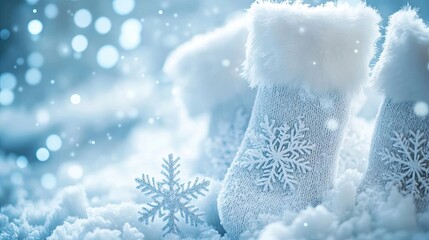 Cozy winter scene with fluffy stockings on snow, sparkling with soft lights and delicate snowflakes, creating a festive atmosphere.