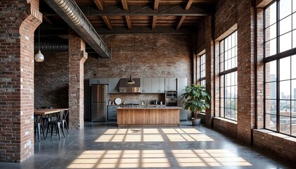 A industrial-style loft with exposed brick walls, metal accents, and large windows filling the space with light