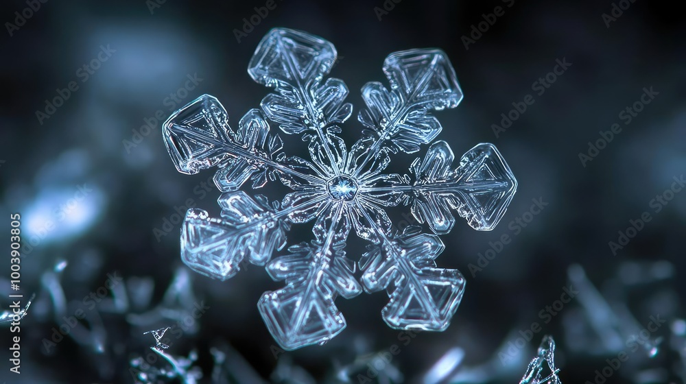 Poster close-up of an intricate snowflake showcasing its unique crystalline structure against a blurred dar