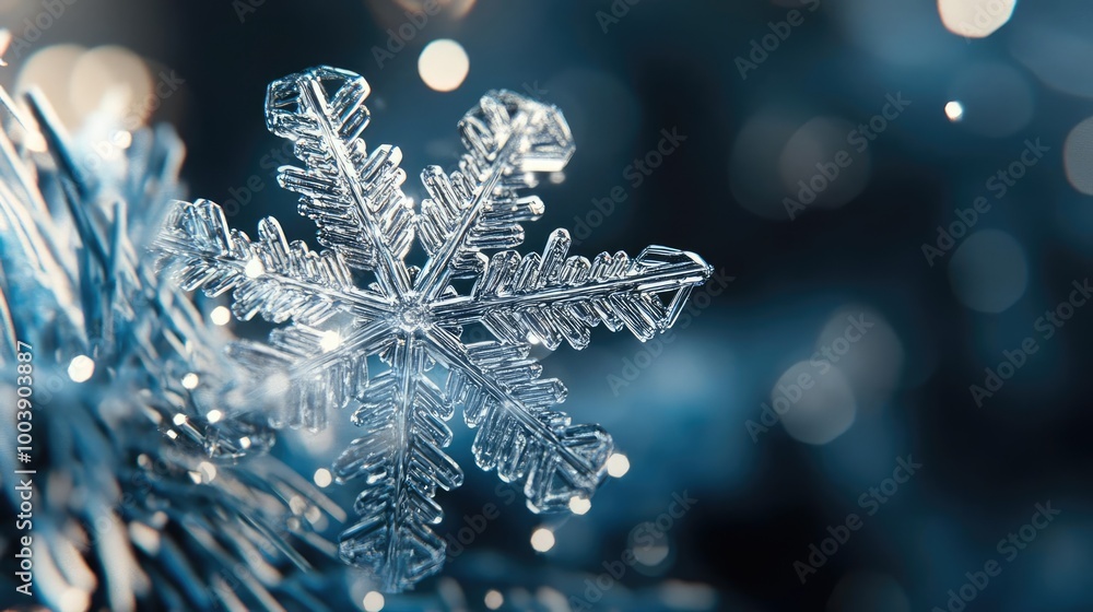 Poster a close-up of a beautifully crafted snowflake resting on a branch, surrounded by soft bokeh lights i