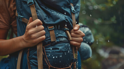 A close-up of a person adjusting their hiking backpack straps, with beads of sweat on their skin from the intense activity.