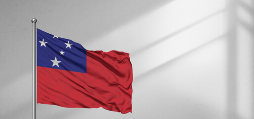 Samoa national flag cloth fabric waving on beautiful window light grey Background.