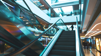 modern shopping mall interior featuring sleek escalator leading to upper levels. bright, airy design creates vibrant atmosphere, inviting shoppers to explore