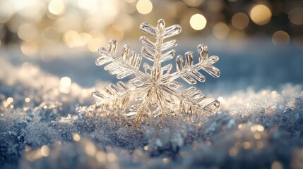 Beautiful snowflake resting on soft snow, capturing the essence of winter with a stunning, glistening backdrop of light.