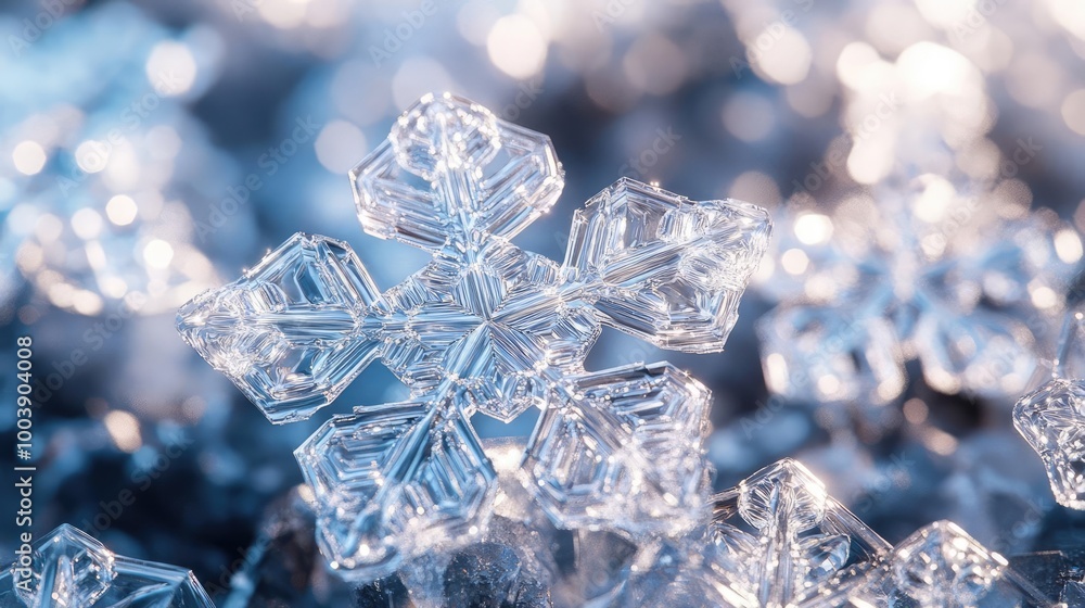 Poster detailed close-up of a snowflake showcasing its intricate crystal structure and unique geometric des