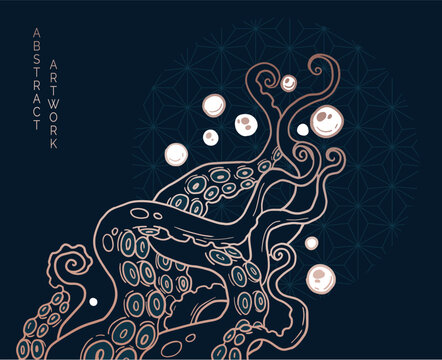 tentacles, graphic style. vlack and gold  colours and simple japanese style pattern	