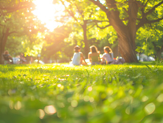 Enjoy sunny day in park with friends, surrounded by lush green grass and vibrant trees. warm sunlight creates soft focus, enhancing joyful atmosphere