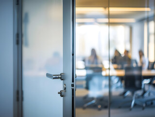 soft focus on conference room door slightly ajar reveals glimpse of meeting in progress, creating atmosphere of anticipation and collaboration