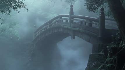 Fototapeta premium Dark Myth of Japan: Haunted Bridge in Mist with Eerie Whispers