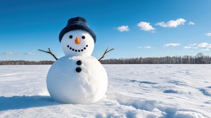 Obraz premium Serene Winter Landscape with Snowman in Center, Peaceful Snowy Field Scene with Distant Forest, Tranquil Atmosphere, Copy Space for Text