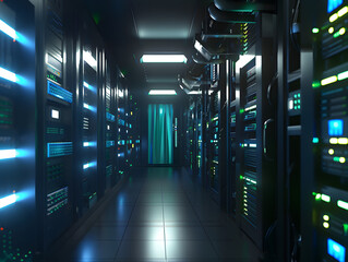 high tech server room featuring rows of illuminated servers and advanced technology. atmosphere is sleek and modern, showcasing vibrant display of blue and green lights