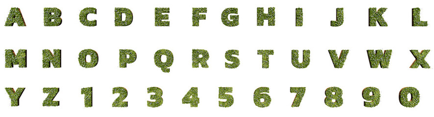 3D render of Green alphabet A-Z font letters and number isolated on transparent background. High resolution