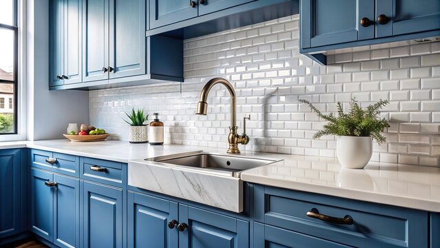 Kitchen interior with blue and white cabinets, black faucet, subway tile backsplash