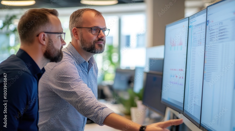 Poster project manager and it specialist collaborating in a monitoring office