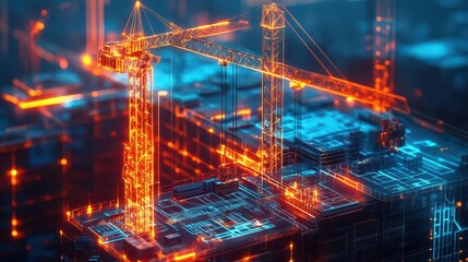 Bridge construction in a futuristic city with glowing holographic blueprints and neon-lit cranes  Futuristic  Neon  High Detail