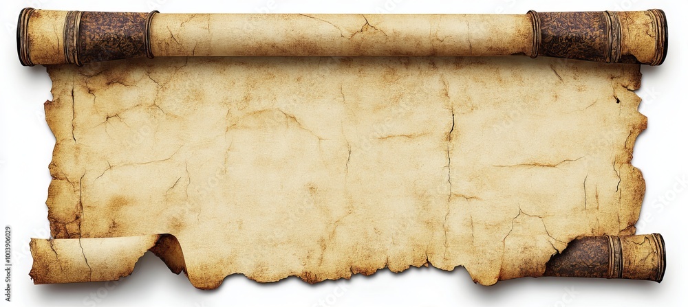 Poster old parchment scroll on wooden rollers empty template for ancient messages and historical documents