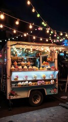 Obraz premium Outdoor dessert truck at a city fair, selling ice cream and cupcakes under string lights, Urban, Night Scene
